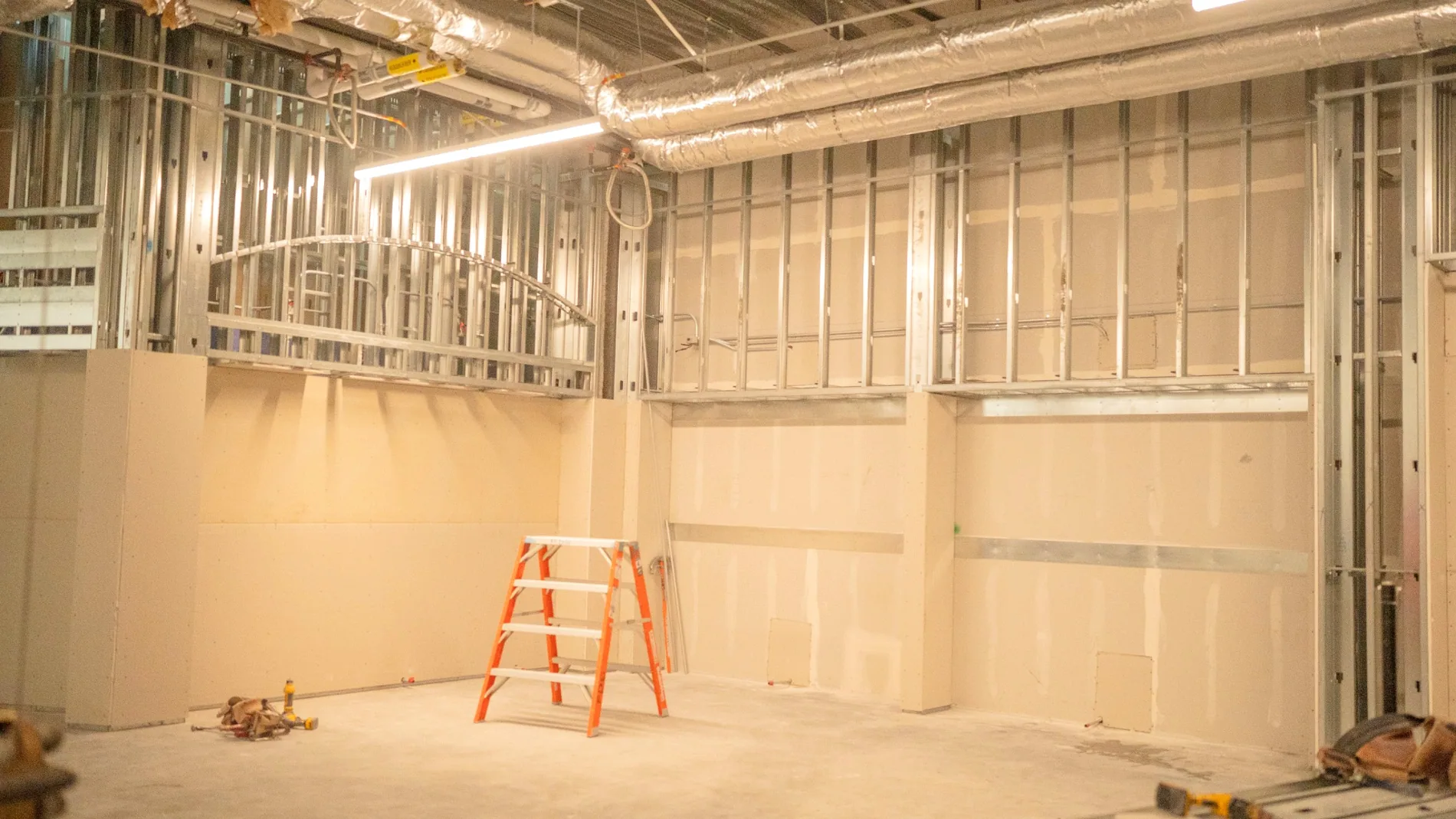 Metal stud framing and drywall construction at the Arts District project, San Diego Airport
