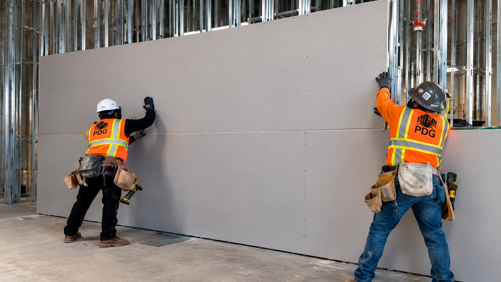 Construction crew positioning drywall panels on steel stud framing