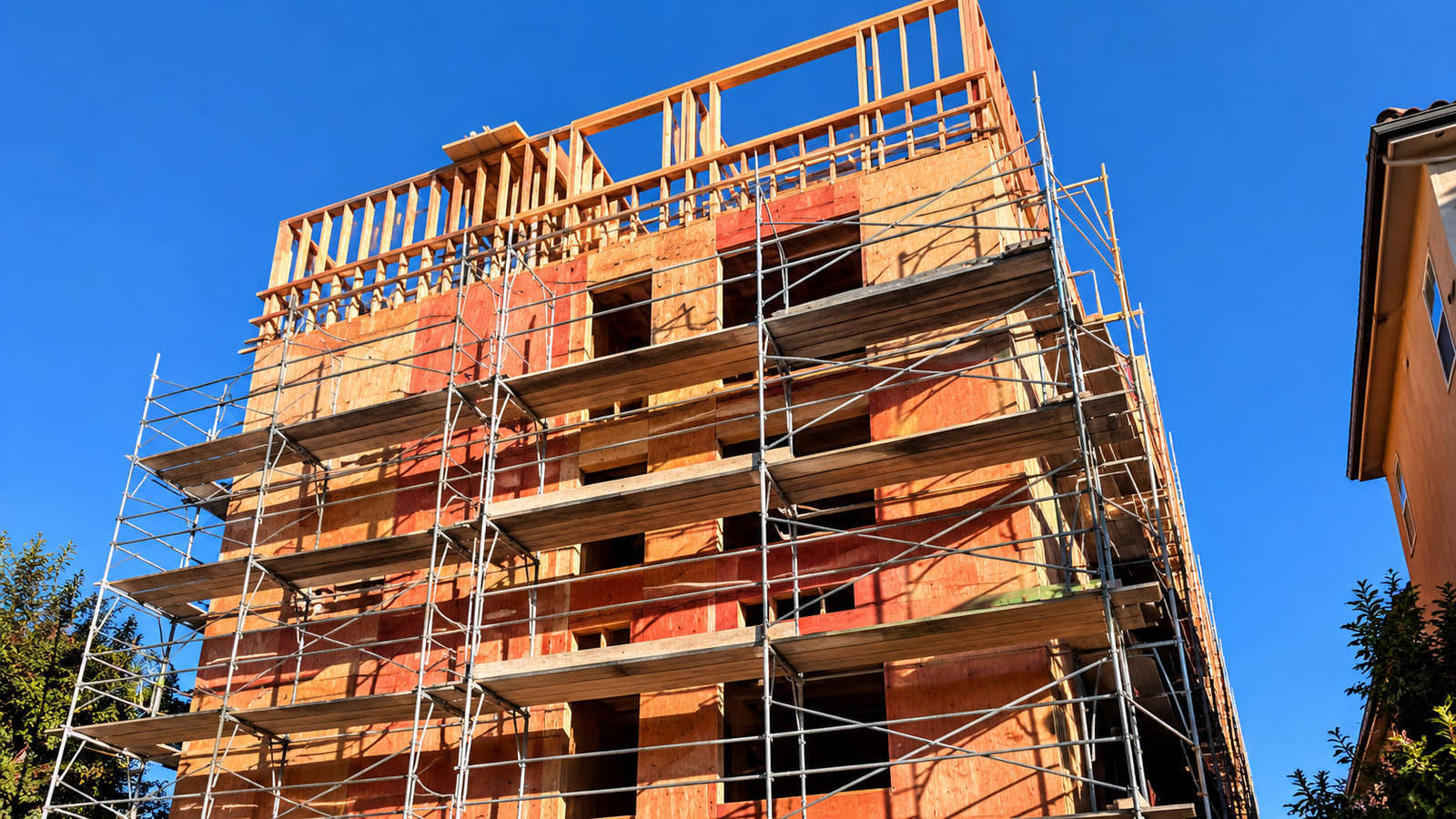 Multistory wood-framed residential building under construction